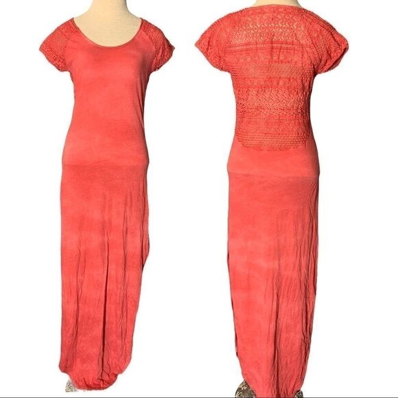 Red Maxi Dress Free People Bleach Dye Crocheted Lace Back Cotton Size Small - Picture 2 of 9